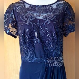 EUC-Alex Evenings Navy Sequin & Mesh Draped Short Sleeve Gown/Maxi Dress